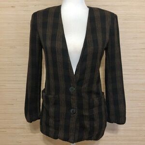 Haberdasher Brown Black Plaid Shoulder Pad Button Front Blazer Size 4